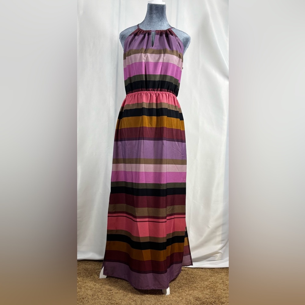 LOFT Striped Halter Maxi Dress in Pink, Purple, Black, Brown